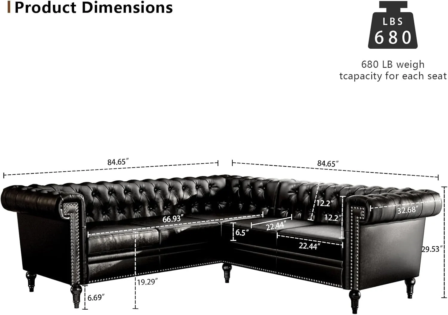 Faux Leather Sectional Sofa for Living Room, Modern Chesterfield Reversible L Shaped Couch with Rolled Arms and Nailhead, 5 Seat Corner Sofa Couch for Small or Large Space (Black)