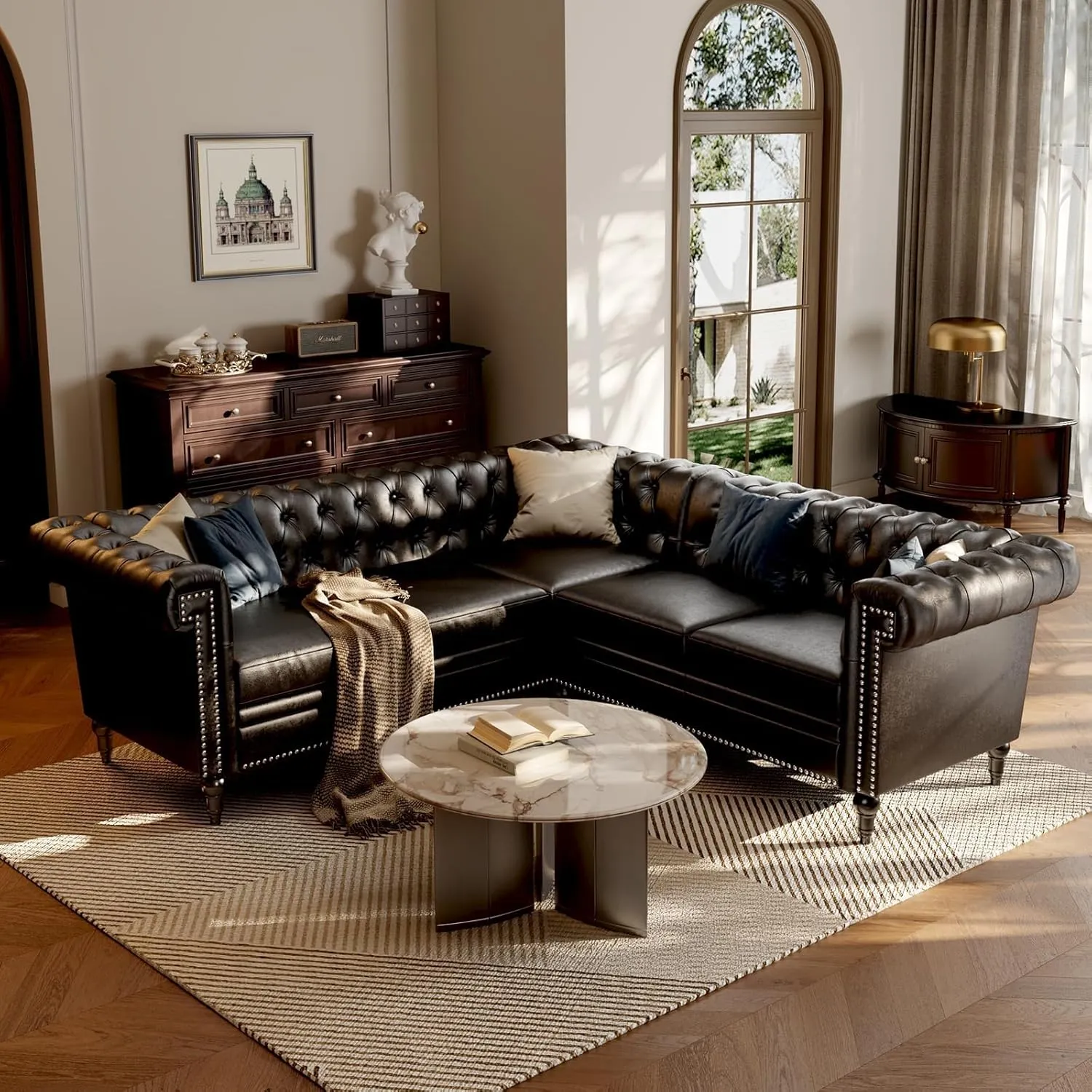 Faux Leather Sectional Sofa for Living Room, Modern Chesterfield Reversible L Shaped Couch with Rolled Arms and Nailhead, 5 Seat Corner Sofa Couch for Small or Large Space (Black)