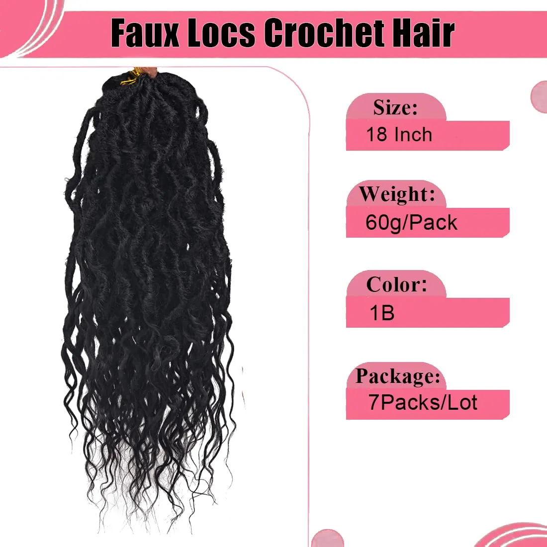 Faux Locs Crochet Hair 18 Inch Soft Locs 7Packs Boho Goddess Locs Crochet Hair with Curly Ends Pre-looped Crochet Locs for Black Women Dreadlock Synthetic Crochet Braids (1B, 18Inch(Pack of 7))