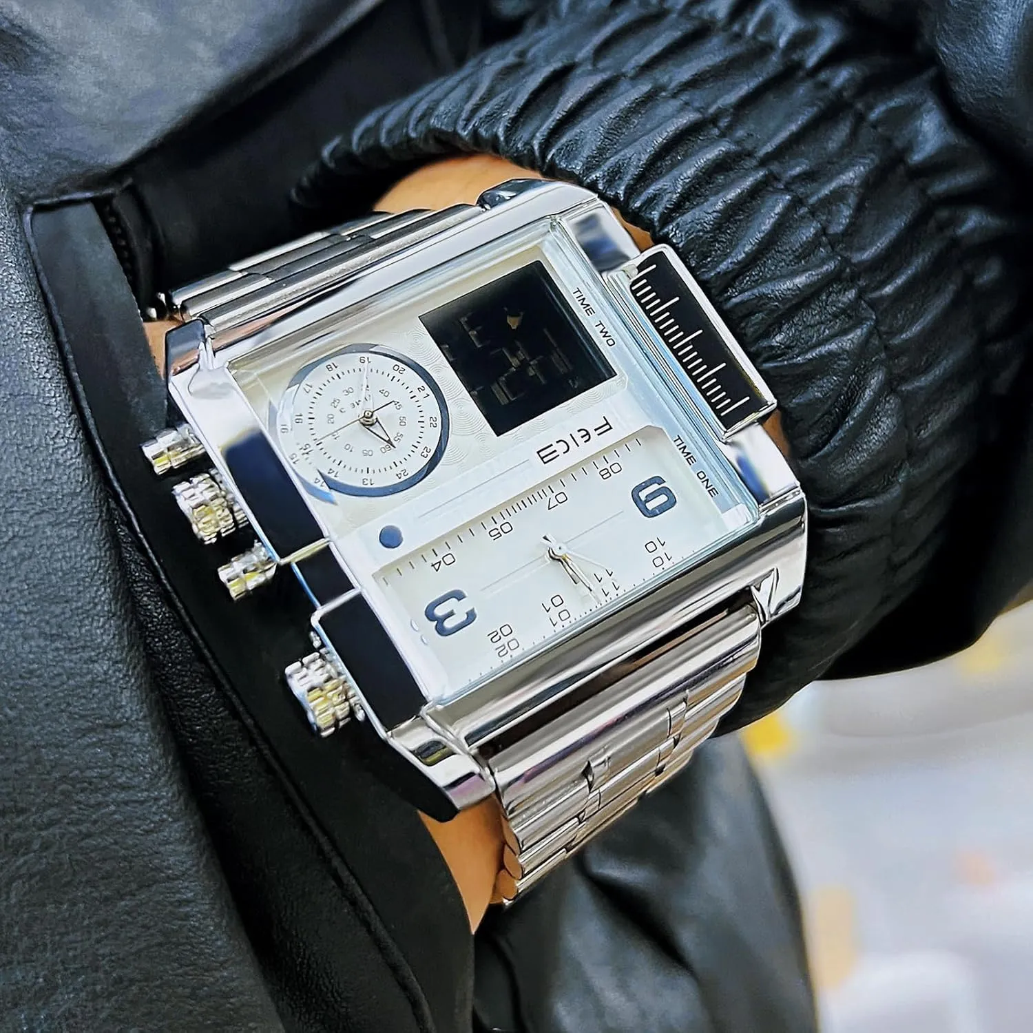 FEICE Wathes for Men Digital LED Analog Quartz Wristwatch Business Men’s Watch Multifunction Square Chronograph 24H Calendar Leather Band Unique FK030