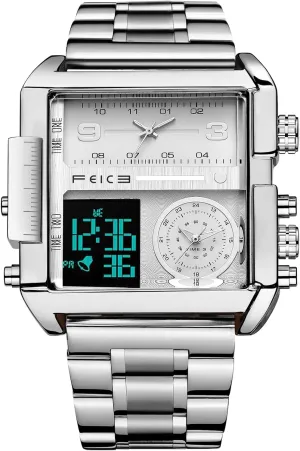 FEICE Wathes for Men Digital LED Analog Quartz Wristwatch Business Men’s Watch Multifunction Square Chronograph 24H Calendar Leather Band Unique FK030