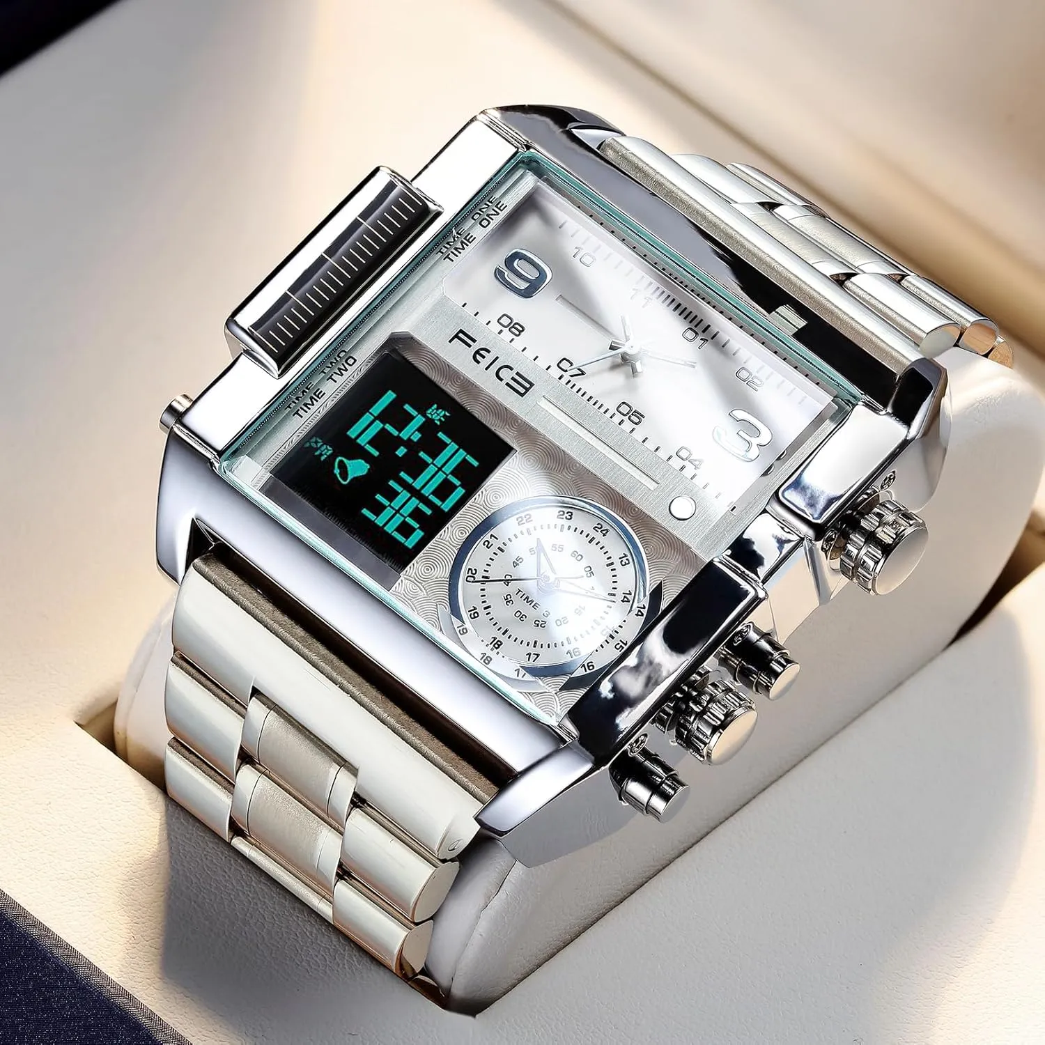 FEICE Wathes for Men Digital LED Analog Quartz Wristwatch Business Men’s Watch Multifunction Square Chronograph 24H Calendar Leather Band Unique FK030