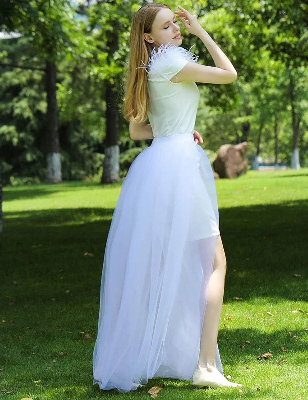 FEOYA Tulle Overskirt Train Mesh 4 Layers Overlay Long Tutu Skirts Floor Length Detachable Wedding Train Skirt