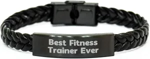 Fitness Trainer Gifts for Her - Best Fitness Trainer Ever Interlaced Leather Bracelet, Valentine's Unique Gifts from Friends to Coworkers, Stainless Steel and PU Leather Combination