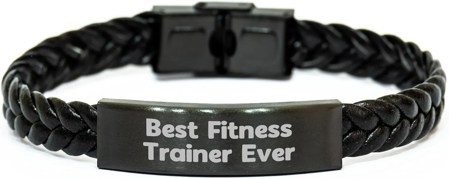 Fitness Trainer Gifts for Her - Best Fitness Trainer Ever Interlaced Leather Bracelet, Valentine's Unique Gifts from Friends to Coworkers, Stainless Steel and PU Leather Combination