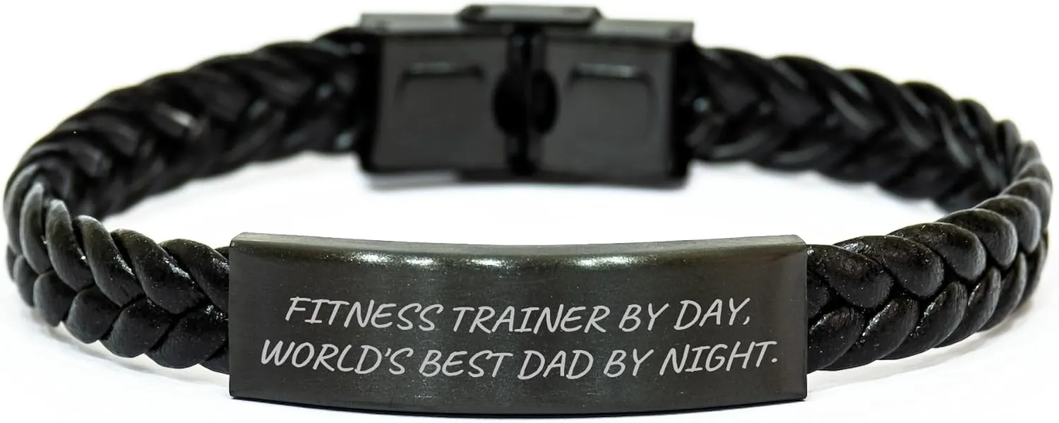Fitness Trainer Gifts for Him - Funny Interlaced Leather Bracelet, Engraved Stainless Steel, 7.87 inches Long, Christmas Unique Gifts from Men to Fitness Trainers