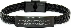 Fitness Trainer Gifts for Him - Funny Interlaced Leather Bracelet, Engraved Stainless Steel, 7.87 inches Long, Christmas Unique Gifts from Men to Fitness Trainers