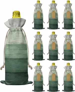 Flax Wine Bags Set of 10, Gradual Green Wood Texture Stripes Rustic Farm Pattern Bottle Bags With Drawstrings Tags Reusable Wine Bottle Covers for Wedding Birthday Travel