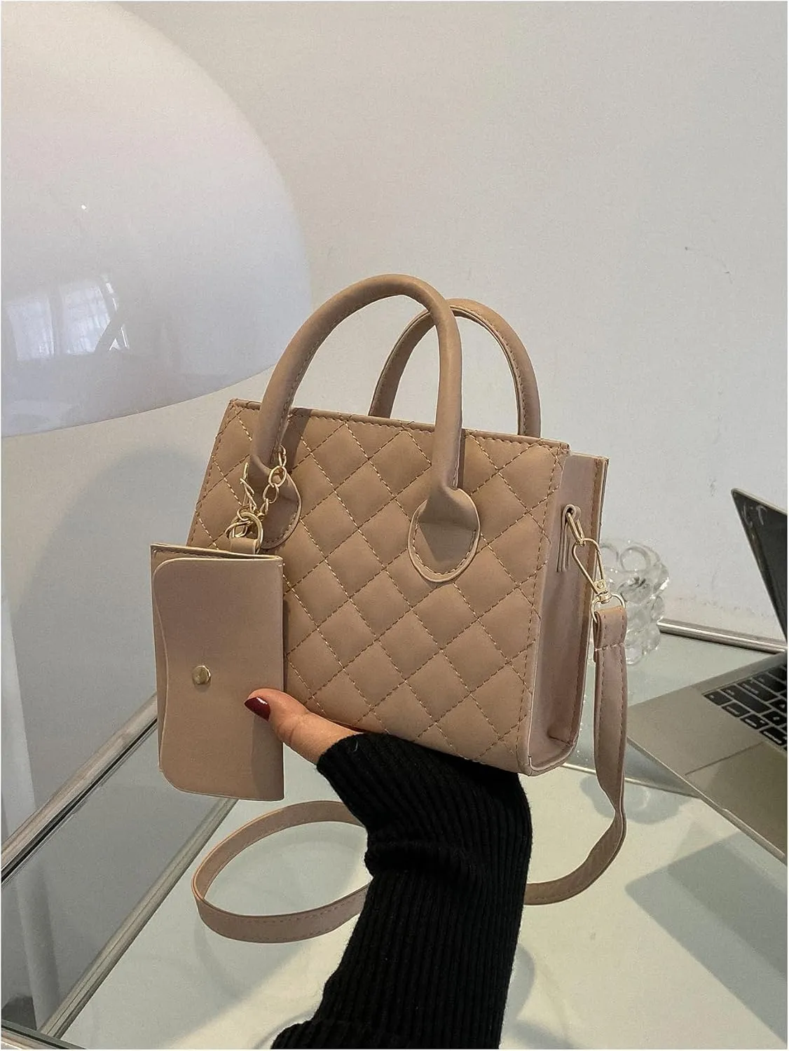 Floerns Women's Argyle Quilted Top Handle Handbag Elegant Leather Small Tote Bag