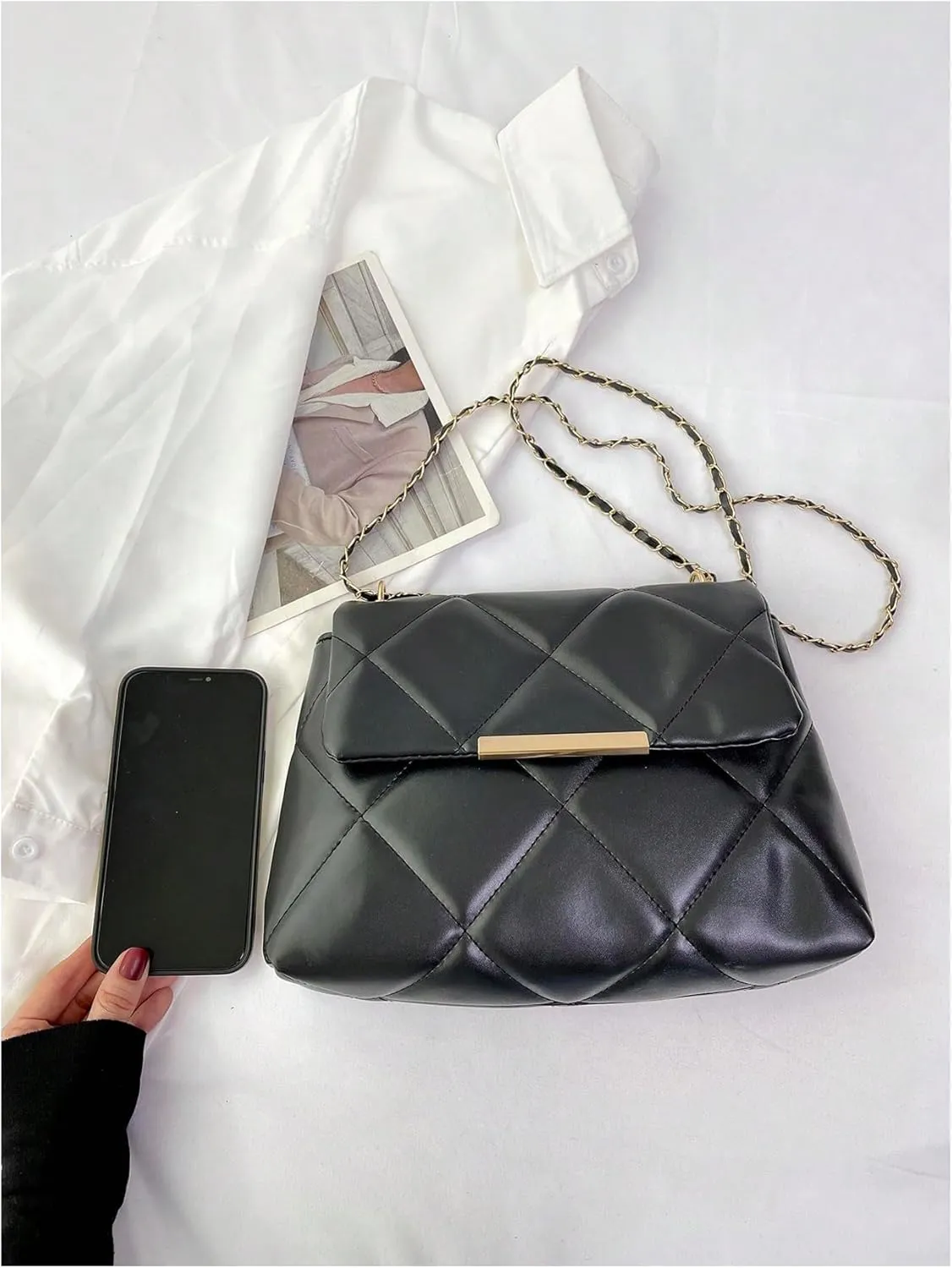 Floerns Women's Quilted Tote Bag Square Bag Leather Clutch Purse Flap Shoulder Bag