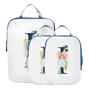Floral Alphabet Monogrammed Rose Gold Letter 3 Piece set Cubes Expandable Adjustable Luggage Packing Bags, Ultralight Organizer Accessories Travel Suitcase Compressible Bags