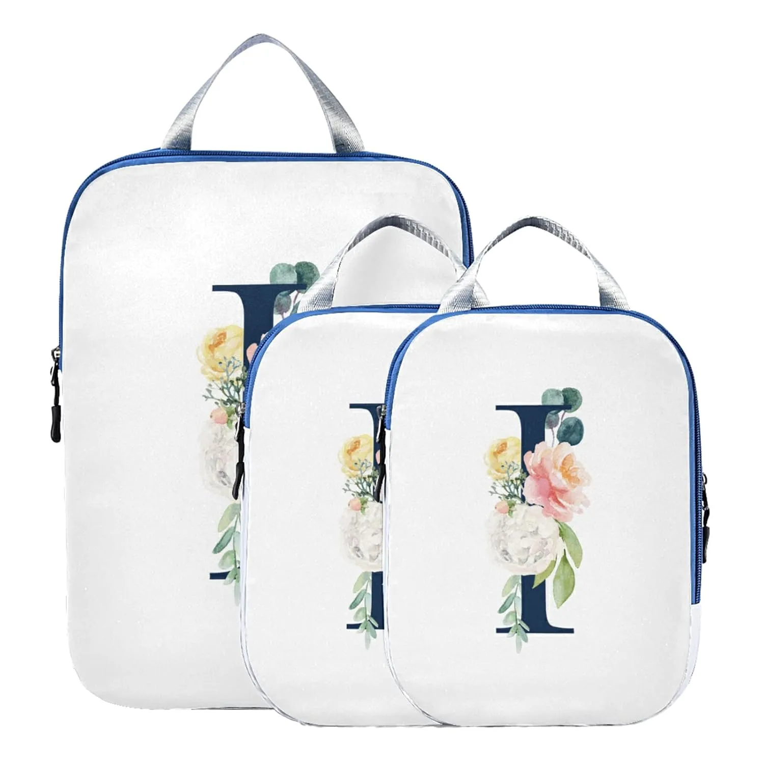 Floral Alphabet Monogrammed Rose Gold Letter 3 Piece set Cubes Expandable Adjustable Luggage Packing Bags, Ultralight Organizer Accessories Travel Suitcase Compressible Bags