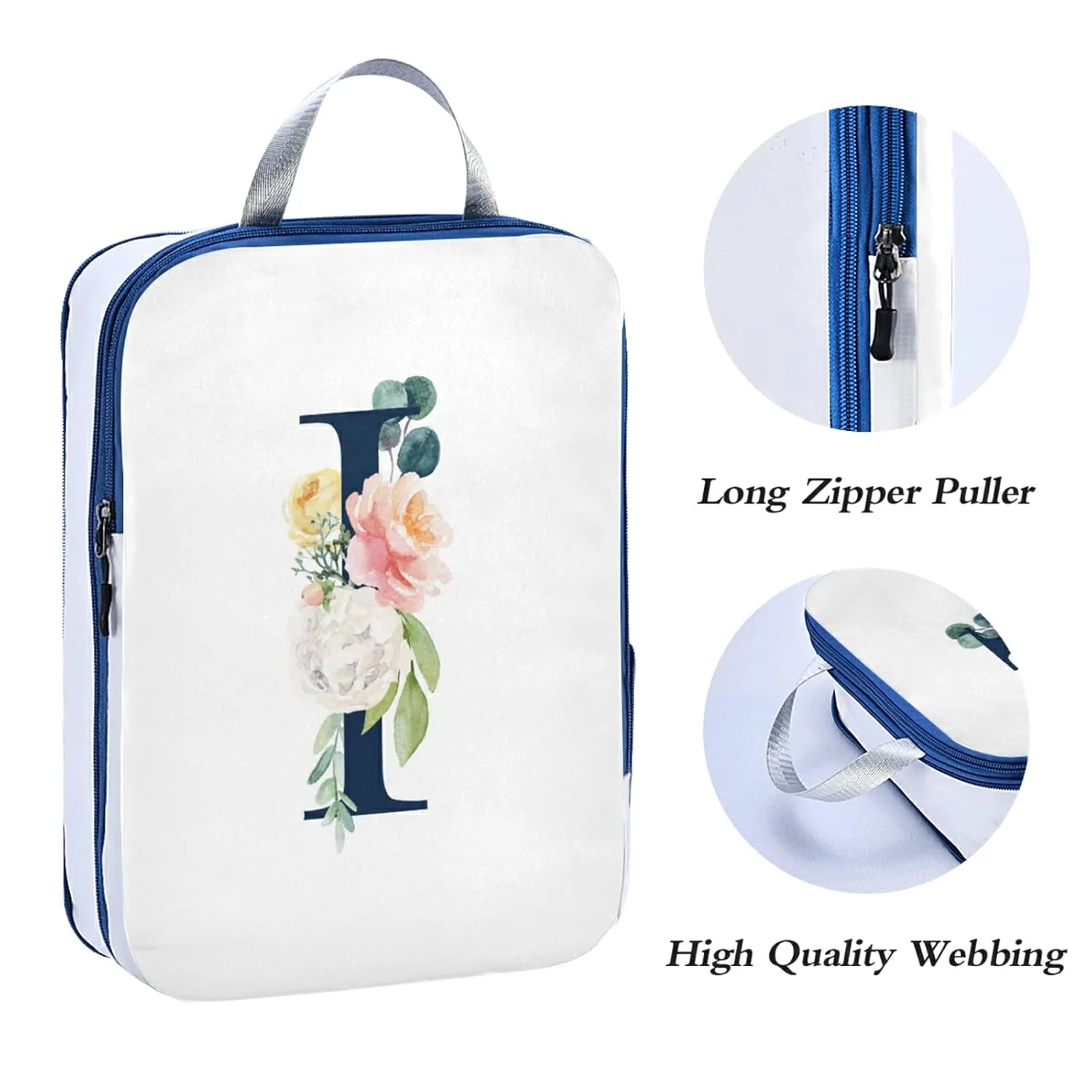 Floral Alphabet Monogrammed Rose Gold Letter 3 Piece set Cubes Expandable Adjustable Luggage Packing Bags, Ultralight Organizer Accessories Travel Suitcase Compressible Bags