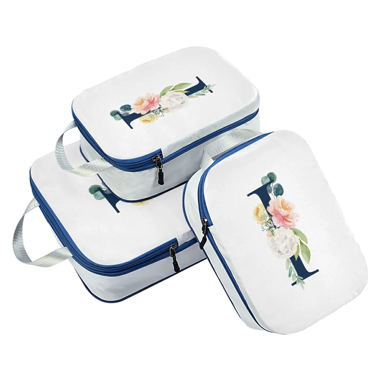 Floral Alphabet Monogrammed Rose Gold Letter 3 Piece set Cubes Expandable Adjustable Luggage Packing Bags, Ultralight Organizer Accessories Travel Suitcase Compressible Bags