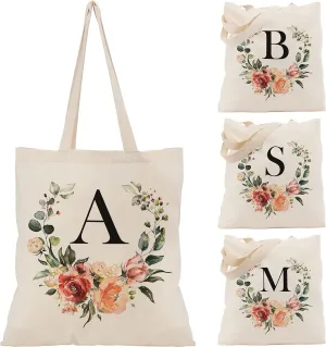 Floral Initial Tote Bag for Women, Monogrammed Canvas Gift for Bridesmaid or Teacher