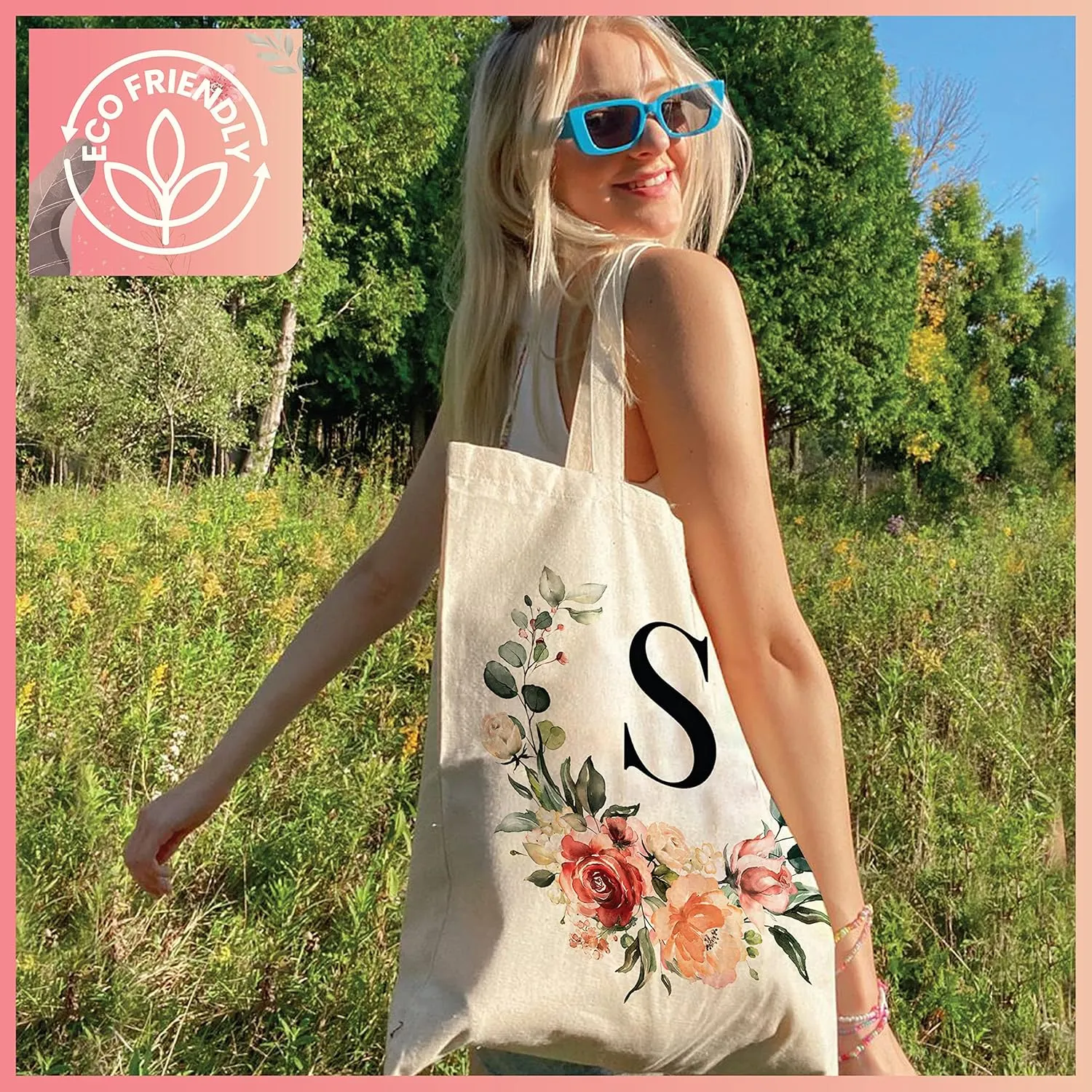 Floral Initial Tote Bag for Women, Monogrammed Canvas Gift for Bridesmaid or Teacher