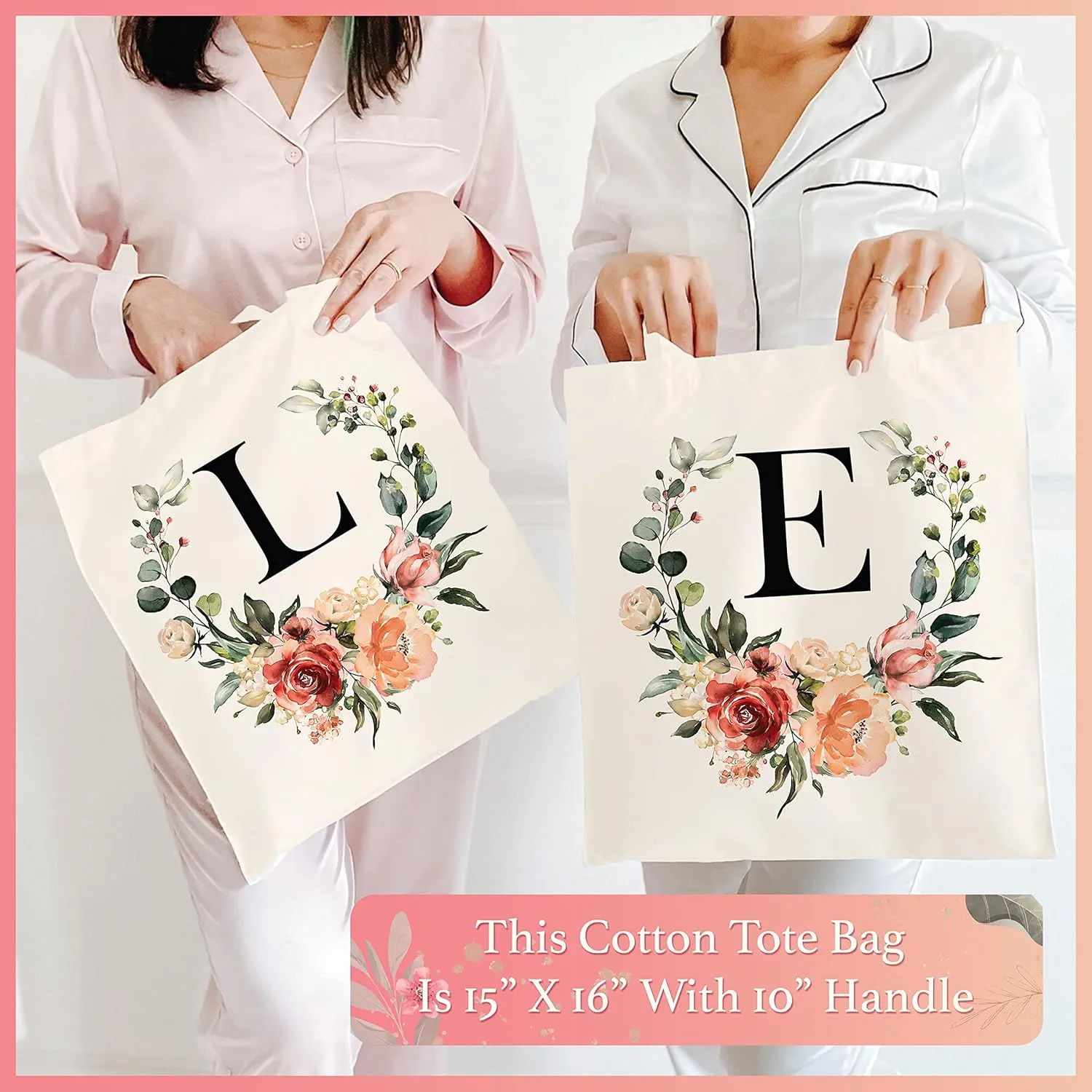 Floral Initial Tote Bag for Women, Monogrammed Canvas Gift for Bridesmaid or Teacher