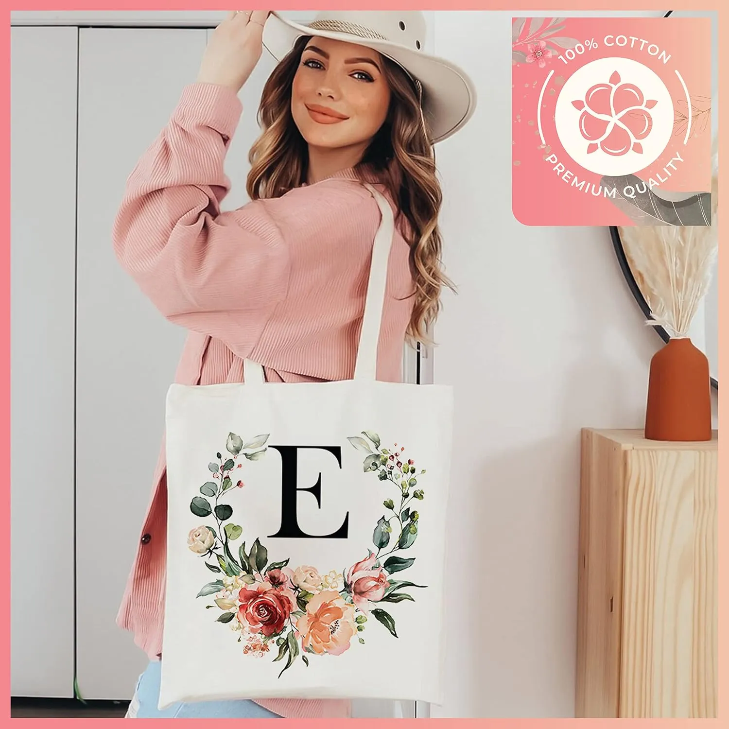 Floral Initial Tote Bag for Women, Monogrammed Canvas Gift for Bridesmaid or Teacher