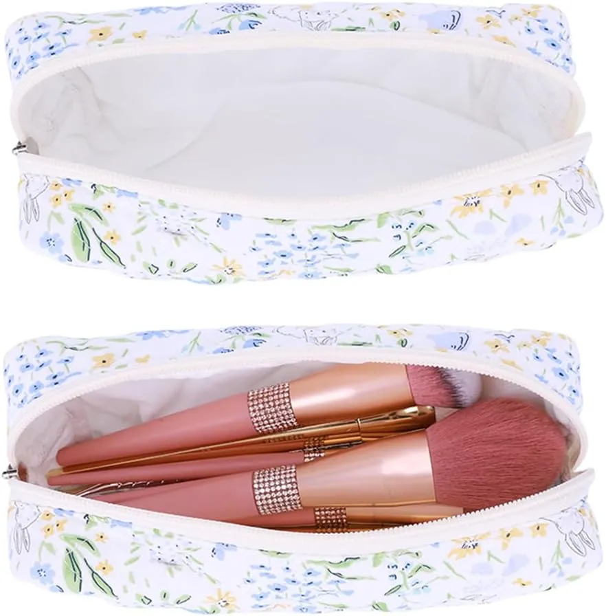 Floral Makeup Bag Set Cute Makeup Bag Small Quilted Makeup Bag Set Aesthetic Floral Travel Cosmetic Bag For Women Travel Toiletry Bag (Dark Blue Flower C)