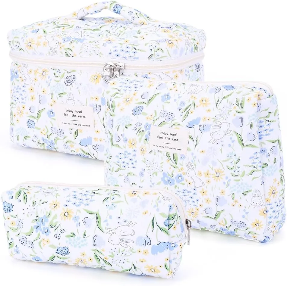 Floral Makeup Bag Set Cute Makeup Bag Small Quilted Makeup Bag Set Aesthetic Floral Travel Cosmetic Bag For Women Travel Toiletry Bag (Dark Blue Flower C)
