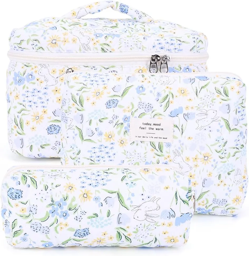 Floral Makeup Bag Set Cute Makeup Bag Small Quilted Makeup Bag Set Aesthetic Floral Travel Cosmetic Bag For Women Travel Toiletry Bag (Dark Blue Flower C)