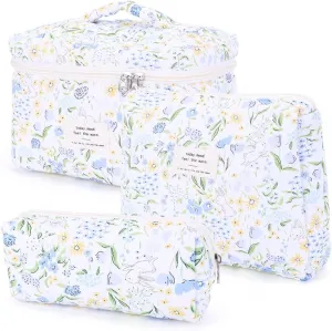 Floral Makeup Bag Set Cute Makeup Bag Small Quilted Makeup Bag Set Aesthetic Floral Travel Cosmetic Bag For Women Travel Toiletry Bag (Dark Blue Flower C)