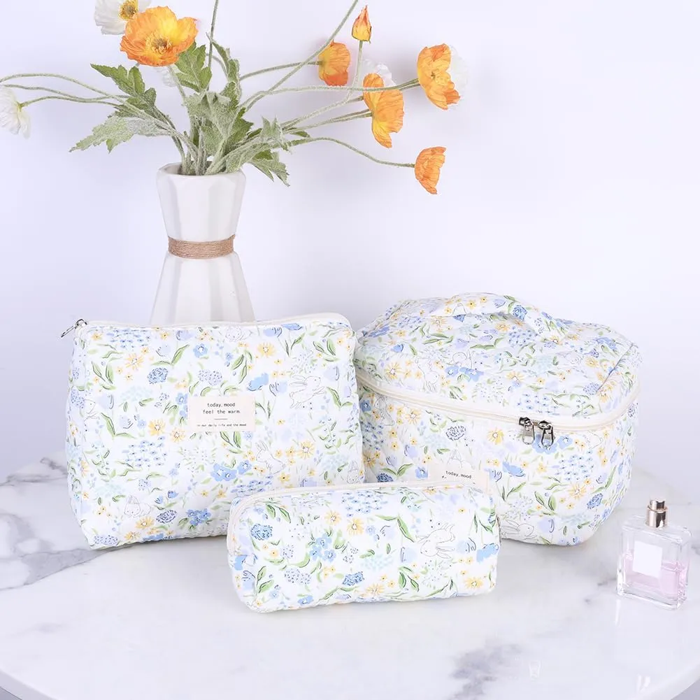 Floral Makeup Bag Set Cute Makeup Bag Small Quilted Makeup Bag Set Aesthetic Floral Travel Cosmetic Bag For Women Travel Toiletry Bag (Dark Blue Flower C)