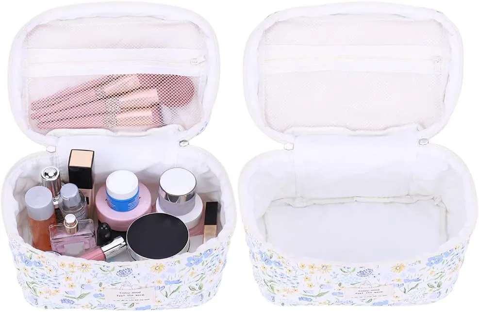 Floral Makeup Bag Set Cute Makeup Bag Small Quilted Makeup Bag Set Aesthetic Floral Travel Cosmetic Bag For Women Travel Toiletry Bag (Dark Blue Flower C)