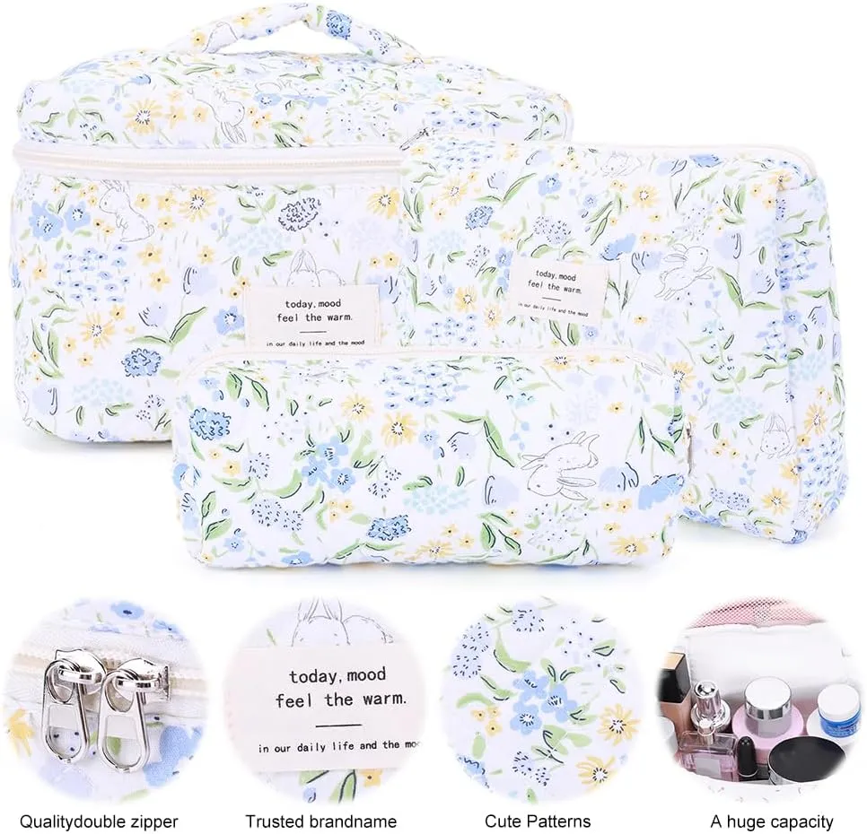 Floral Makeup Bag Set Cute Makeup Bag Small Quilted Makeup Bag Set Aesthetic Floral Travel Cosmetic Bag For Women Travel Toiletry Bag (Dark Blue Flower C)