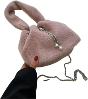 Fluffy Tote Bag Handle Tote Bags for Women Winter Bucket Bag Trend Small Soft Faux Fur Kawaii Handbags and Purse(Pink)