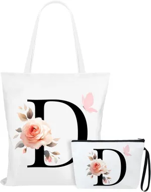 Fmeida 2 Pcs Initial Canvas Tote Bag with Makeup Bag Personalized Monogrammed Gift Reusable Grocery Bags for Women Bridesmaids Bachelorette Party Weddings Birthdays, Letter D