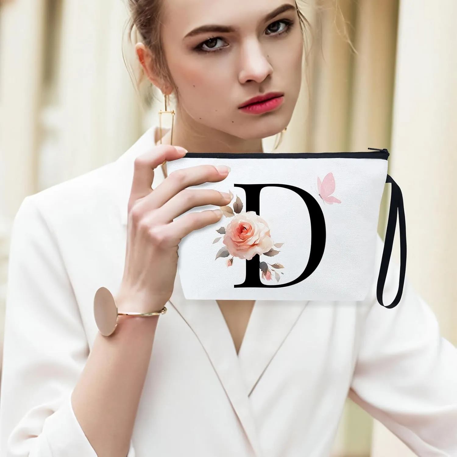 Fmeida 2 Pcs Initial Canvas Tote Bag with Makeup Bag Personalized Monogrammed Gift Reusable Grocery Bags for Women Bridesmaids Bachelorette Party Weddings Birthdays, Letter D