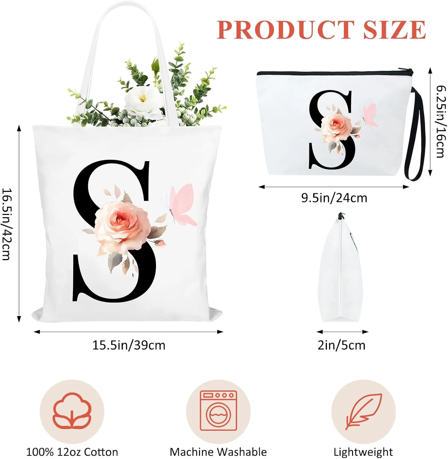 Fmeida 2 Pcs Initial Canvas Tote Bag with Makeup Bag Personalized Monogrammed Gift Reusable Grocery Bags for Women Bridesmaids Bachelorette Party Weddings Birthdays, Letter D