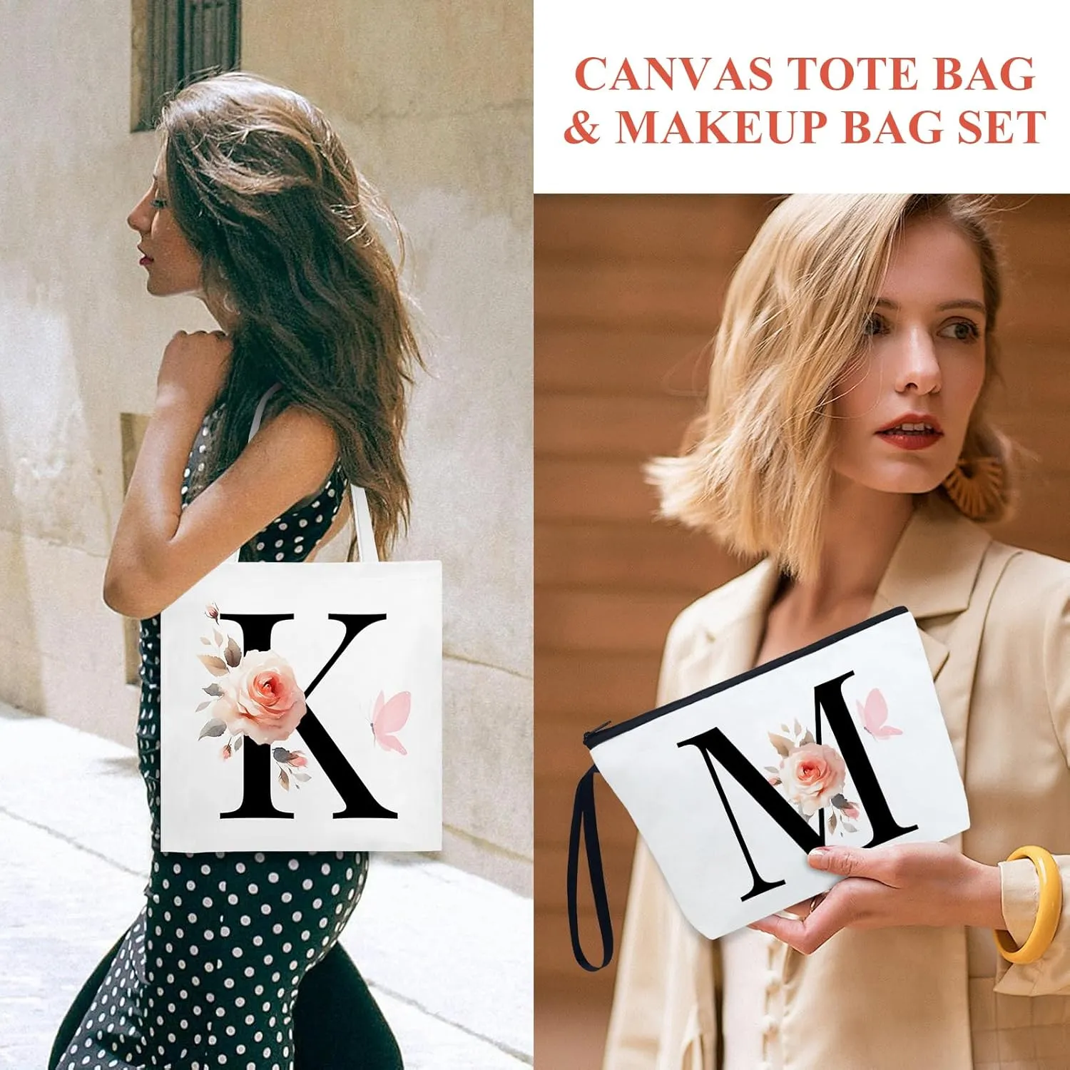 Fmeida 2 Pcs Initial Canvas Tote Bag with Makeup Bag Personalized Monogrammed Gift Reusable Grocery Bags for Women Bridesmaids Bachelorette Party Weddings Birthdays, Letter D