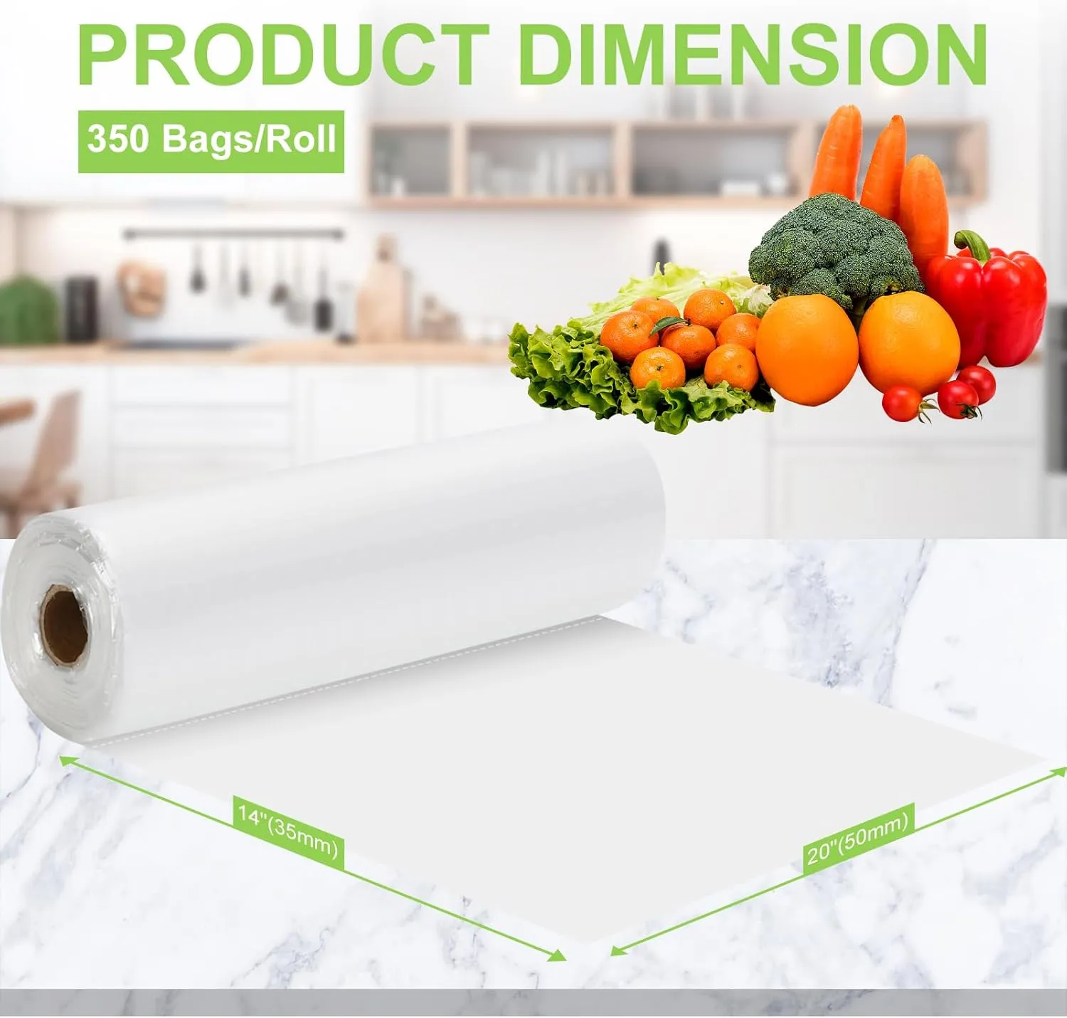 Food Storage Bags, 14" X 20" Clear Plastic Bag, Plastic Produce Bag for Food, Fruit, Vegetable, Refrigerator Storage, Kitchen, 350 Bags/Roll (1 Rolls)