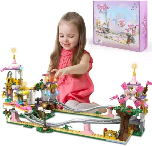 Friends Roller Coaster Castle Building Set, 738 Pcs Creative Amusement Park Castle Building Kit, STEM Pink Princess Playground, Christmas Birthday Gift Toys for Kids Girls Boys Age 6 7 8 9 10 11 12 