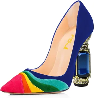 FSJ Women Bridal Pointed Toe Chunky High Heel Crystal Pumps Slip on Wedding Thick Comfort Unique Shoes Size 4-15 US