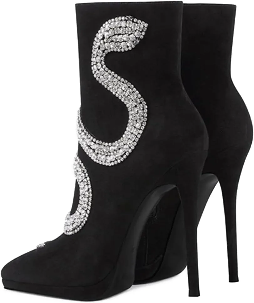 FSJ Women Fashion High Heel Ankle Boots with Rivets Closed Pointed Toe Stilettos Zipper Unique Style Shoes Size 4-15 M US