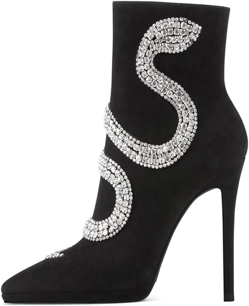FSJ Women Fashion High Heel Ankle Boots with Rivets Closed Pointed Toe Stilettos Zipper Unique Style Shoes Size 4-15 M US