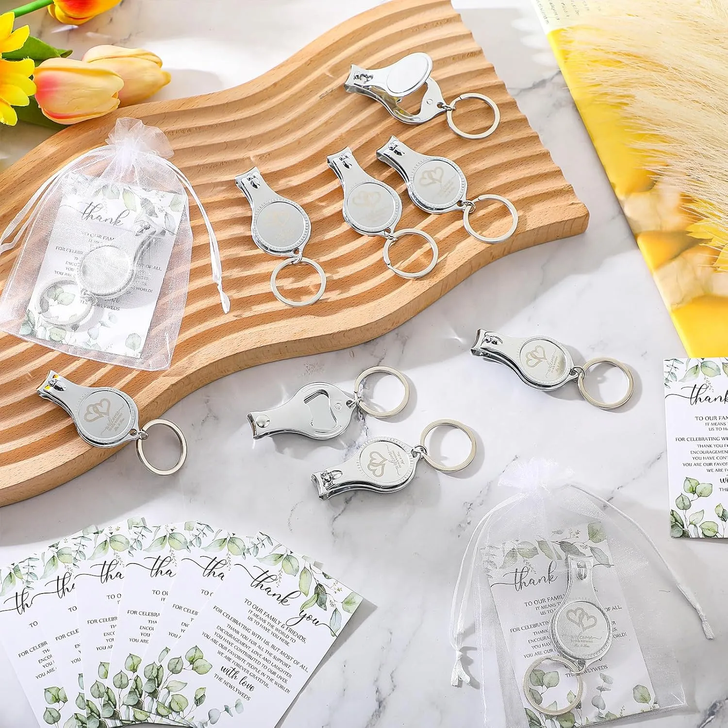 Fulmoon Wedding Multi Function Bottle Opener Nail Clipper Wedding Favors Brewery Cards White Organza Bags for Party Supplies Gift Souvenir Guests Men Women (150 Sets)