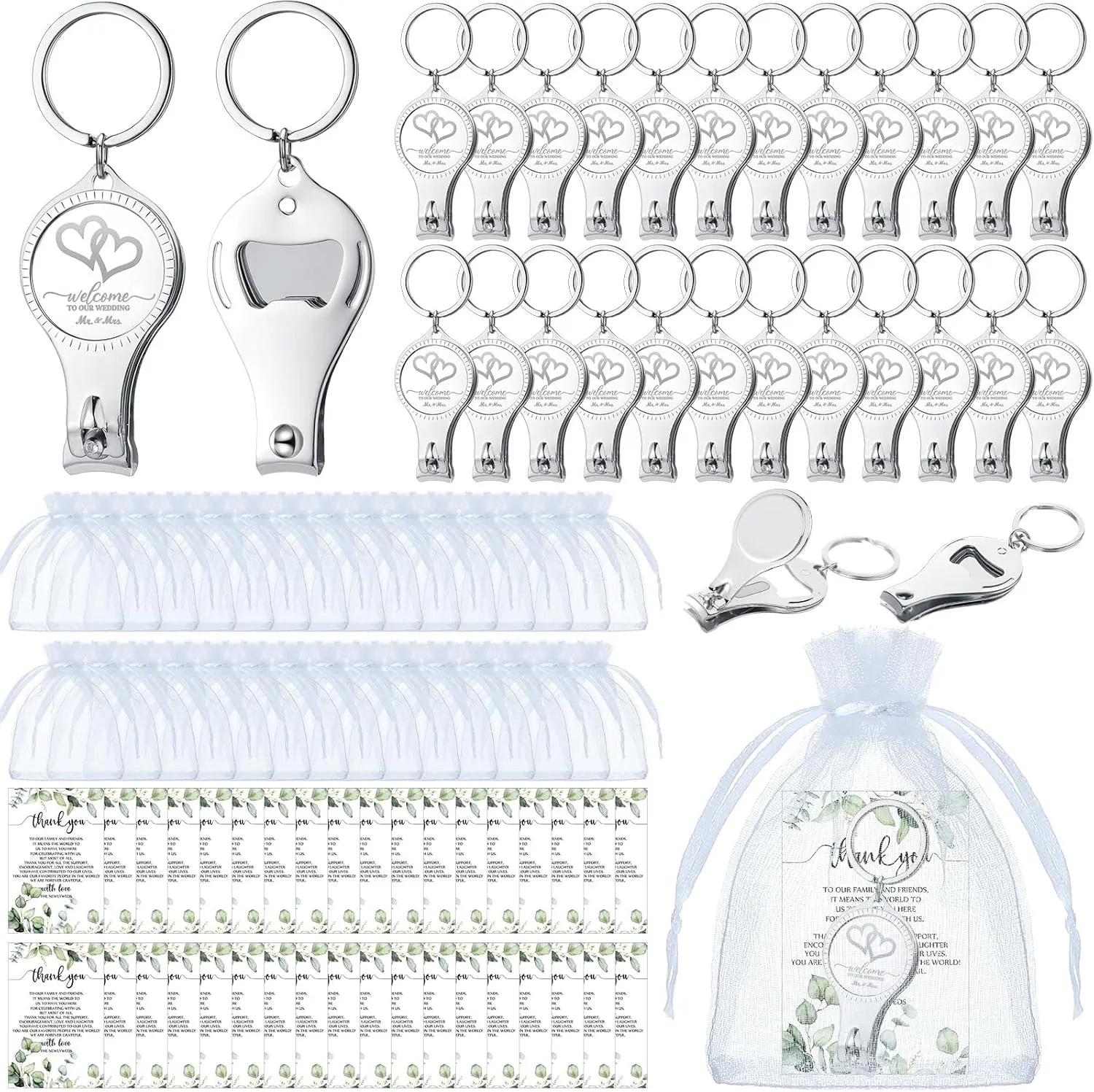 Fulmoon Wedding Multi Function Bottle Opener Nail Clipper Wedding Favors Brewery Cards White Organza Bags for Party Supplies Gift Souvenir Guests Men Women (150 Sets)