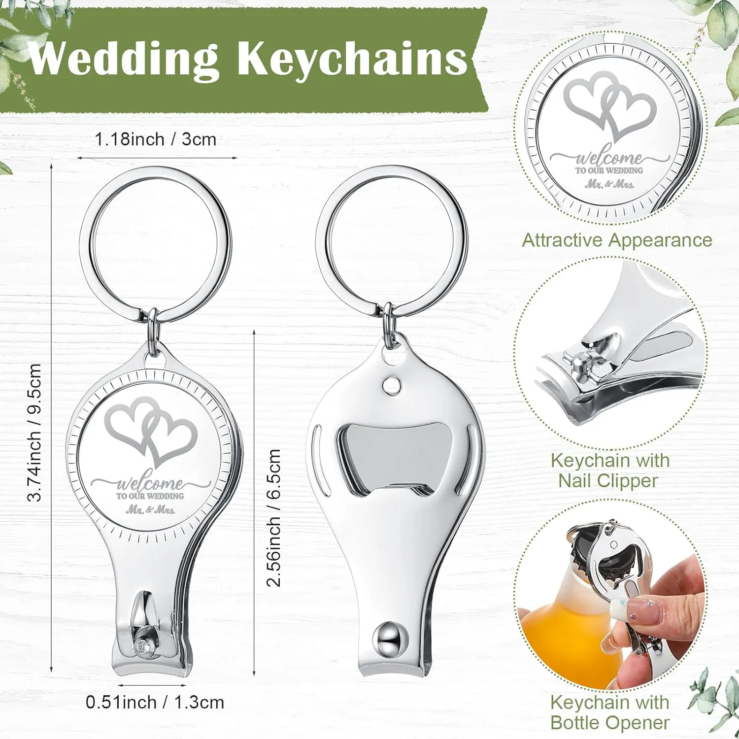 Fulmoon Wedding Multi Function Bottle Opener Nail Clipper Wedding Favors Brewery Cards White Organza Bags for Party Supplies Gift Souvenir Guests Men Women (150 Sets)