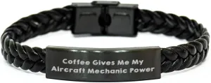 Funny Aircraft Mechanic Power Coffee Fuel Gift for Valentine's: Durable Interlaced Leather Braids for Him, Unique Aviation Enthusiast Jewelry, with Encouragement Support Message for His Loved Ones