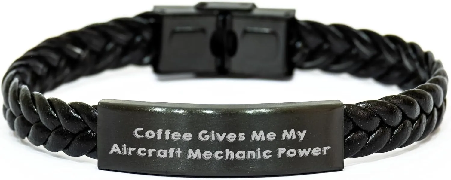 Funny Aircraft Mechanic Power Coffee Fuel Gift for Valentine's: Durable Interlaced Leather Braids for Him, Unique Aviation Enthusiast Jewelry, with Encouragement Support Message for His Loved Ones