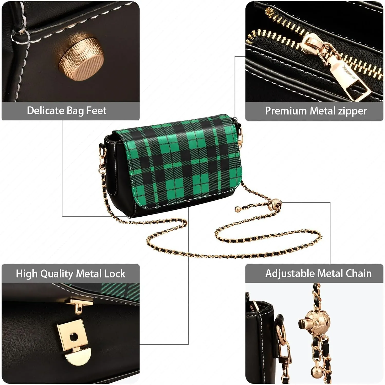 GAIGEO Green and Black Tartan Texture Pu Leather Crossbody Bag, Crossbody Bags for Women Leather