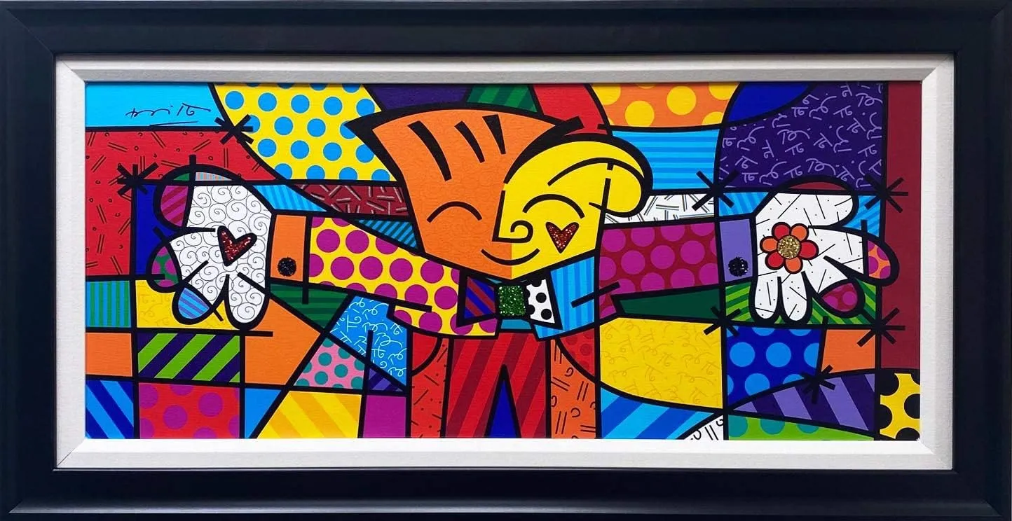Gallerygems Romero Britto Little Hug NEW CUSTOM FRAMED HAND SIGNED Limited Edition Canvas 19.5" x 38"