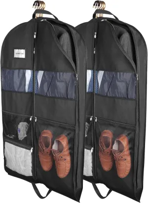 Garment Bags for Travel, 2 Pack 43" Hanging Garment Bags for Men, Double Sides Zipper & 3 Large Mesh Pockets, Garment bag for Traveling Monogrammed Closet Clothes Storage