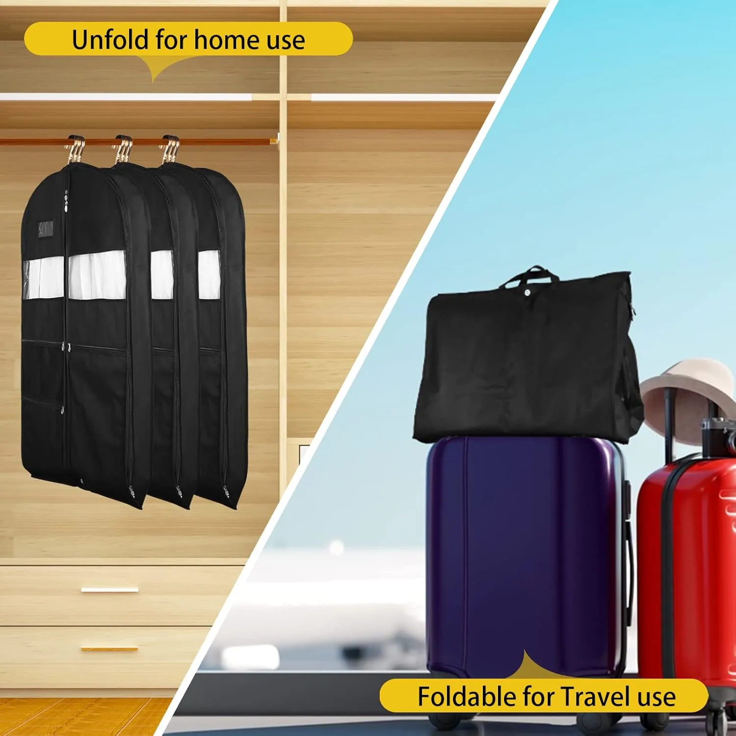 Garment Bags for Travel, 2 Pack 43" Hanging Garment Bags for Men, Double Sides Zipper & 3 Large Mesh Pockets, Garment bag for Traveling Monogrammed Closet Clothes Storage