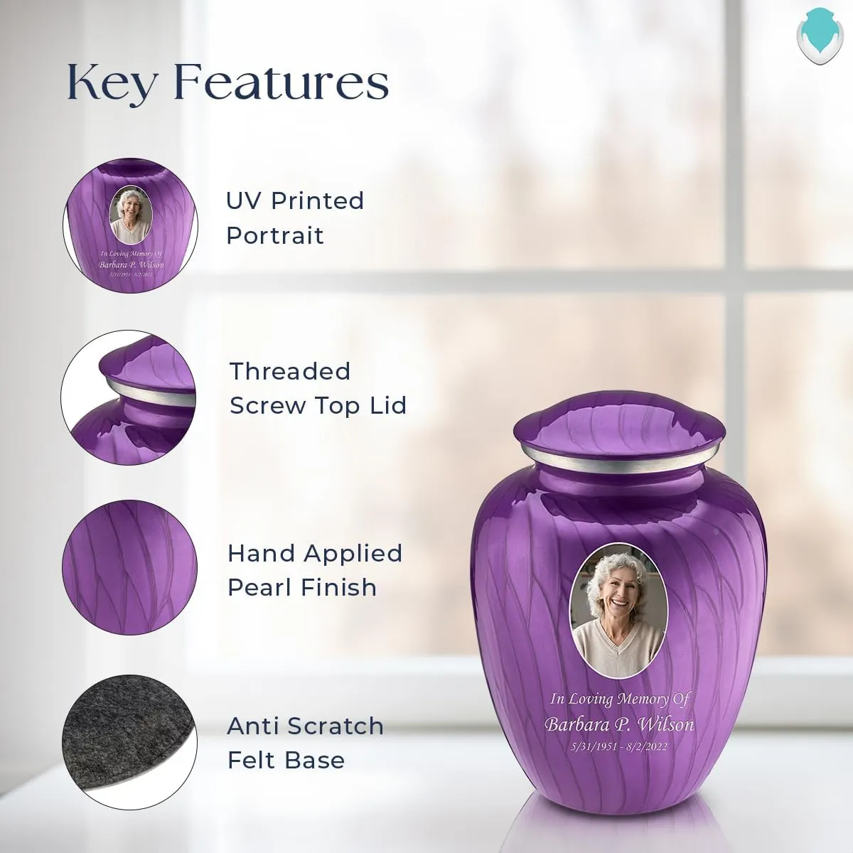 Geturns Embrace Small Personalized Picture Cremation Urns for Human Ashes I Pearl Purple Photo Funeral Urn for Men and Women I 44 lbs