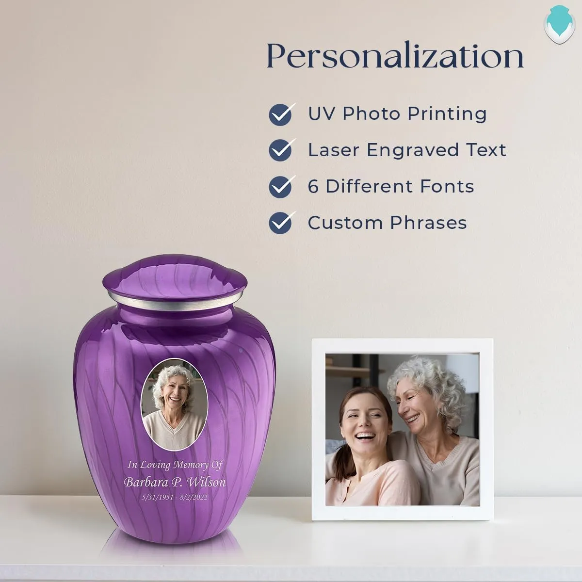 Geturns Embrace Small Personalized Picture Cremation Urns for Human Ashes I Pearl Purple Photo Funeral Urn for Men and Women I 44 lbs